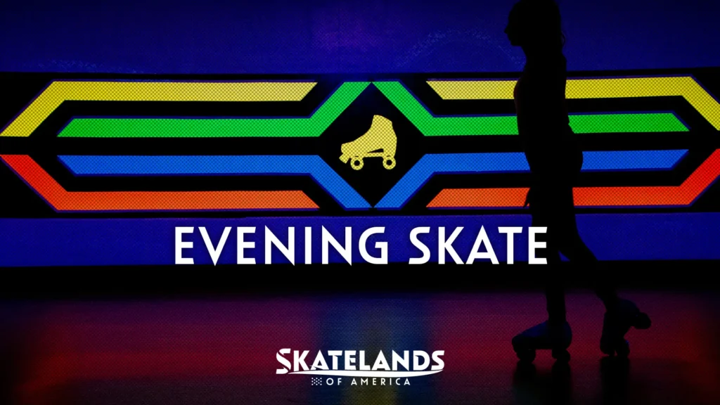a picture of a young skater silhouette at Skatelands of America with the words "Evening Skate"